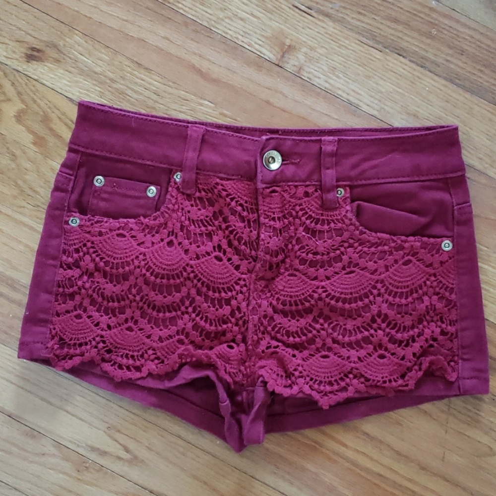 Dollhouse crocheted front denim shorts